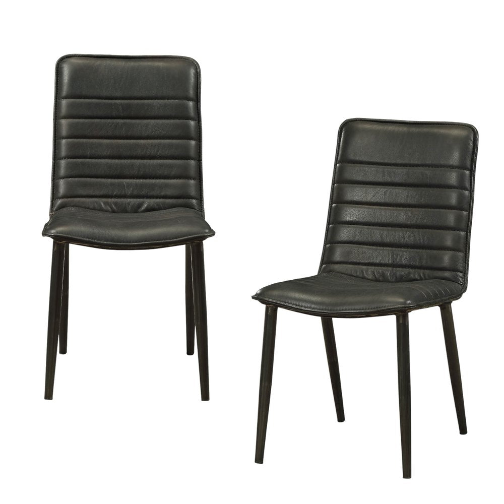 Set of Two Black Leather And Metal Dining Side Chairs