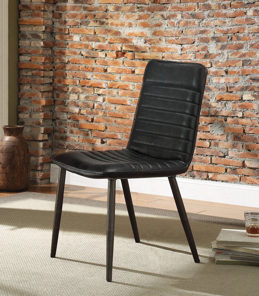 Set of Two Black Leather And Metal Dining Side Chairs