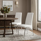 Set of Two White And Silver Faux Leather And Metal Dining Side Chairs