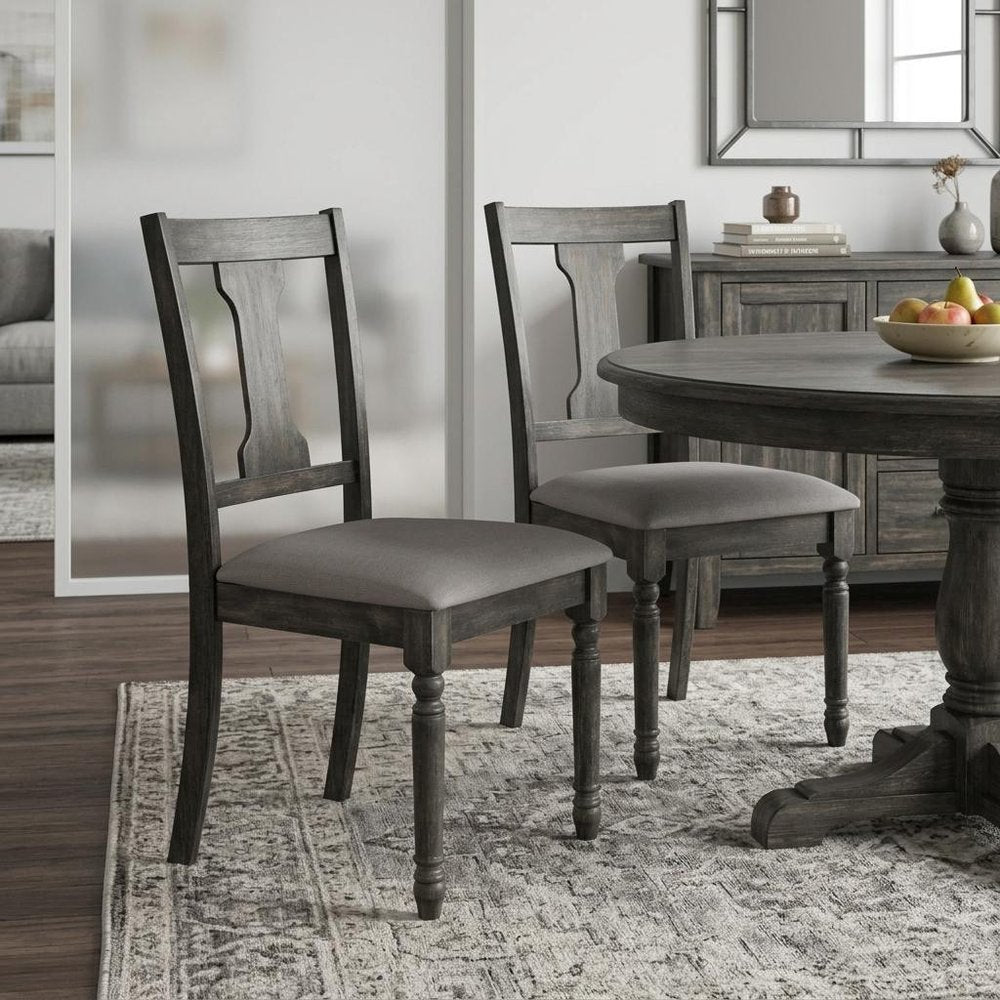 Set of Two Tan And Gray Linen And Solid Wood Open Back Dining Side Chairs