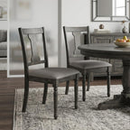 Set of Two Tan And Gray Linen And Solid Wood Open Back Dining Side Chairs