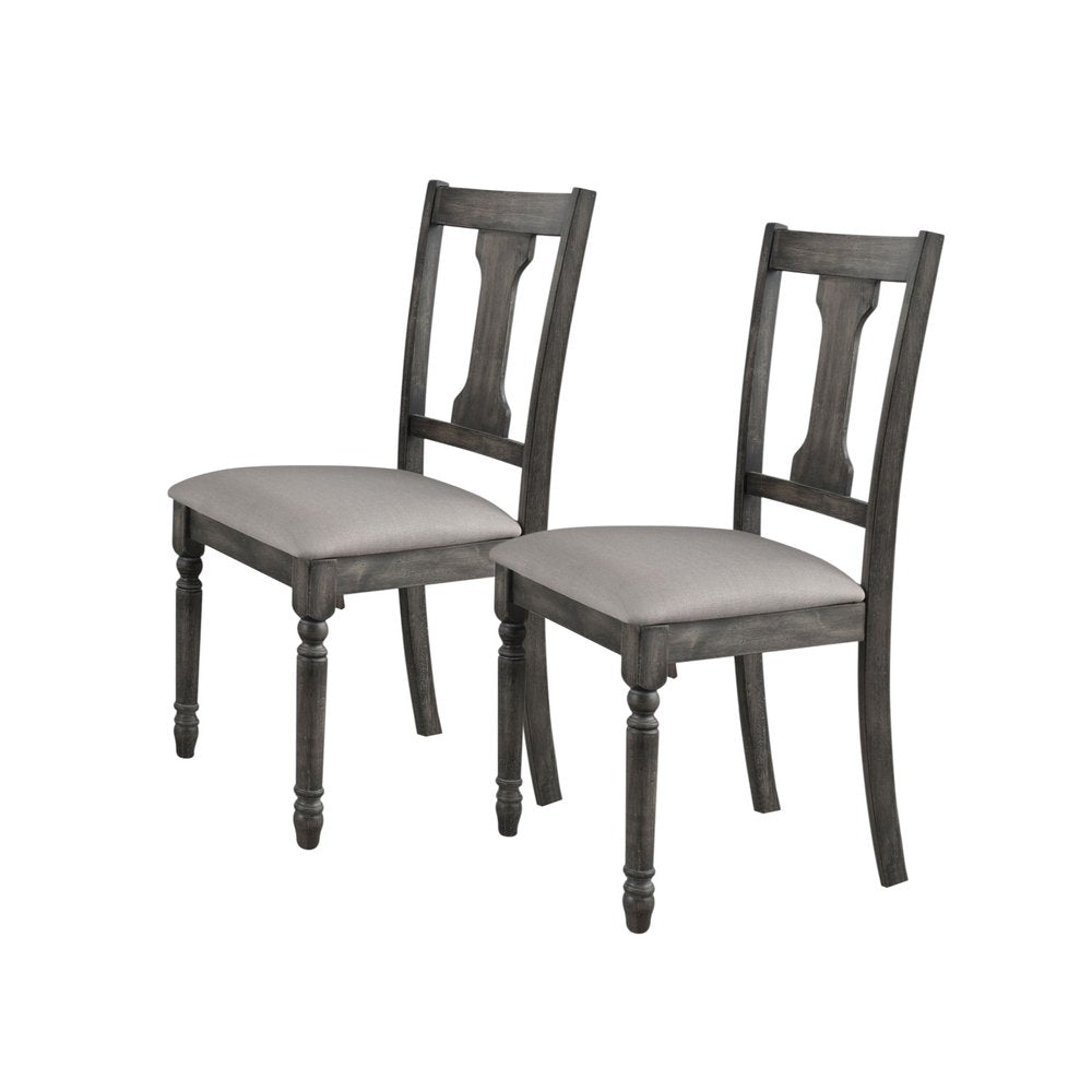 Set of Two Tan And Gray Linen And Solid Wood Open Back Dining Side Chairs