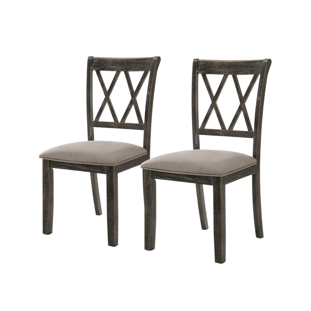 Set of Two Gray Linen And Solid Wood Cross Back Dining Side Chairs