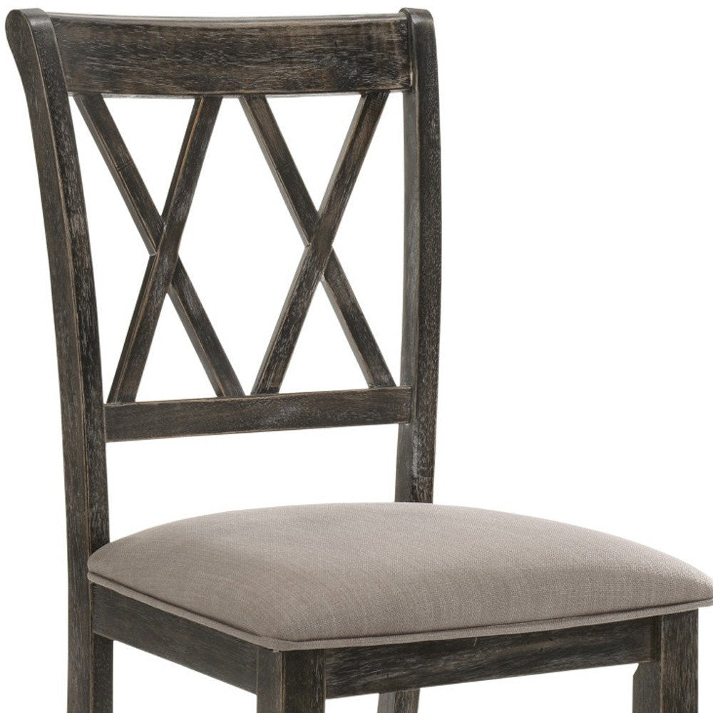 Set of Two Gray Linen And Solid Wood Cross Back Dining Side Chairs