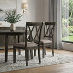 Set of Two Gray Linen And Solid Wood Cross Back Dining Side Chairs