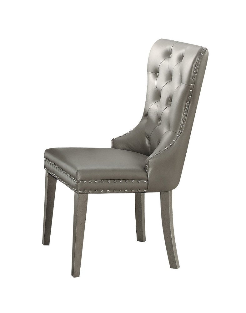 Set of Two Champagne Tufted Faux Leather And Solid Wood Wing Back Dining Side Chairs