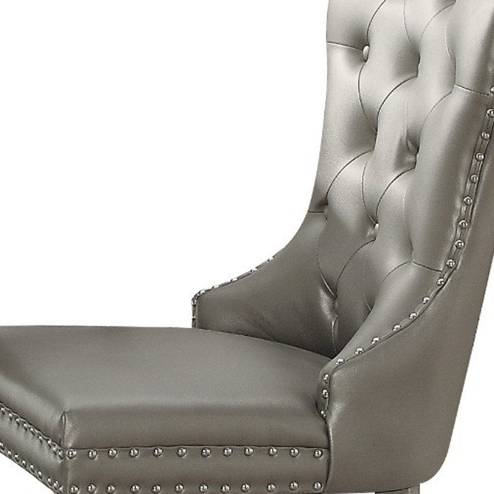 Set of Two Champagne Tufted Faux Leather And Solid Wood Wing Back Dining Side Chairs
