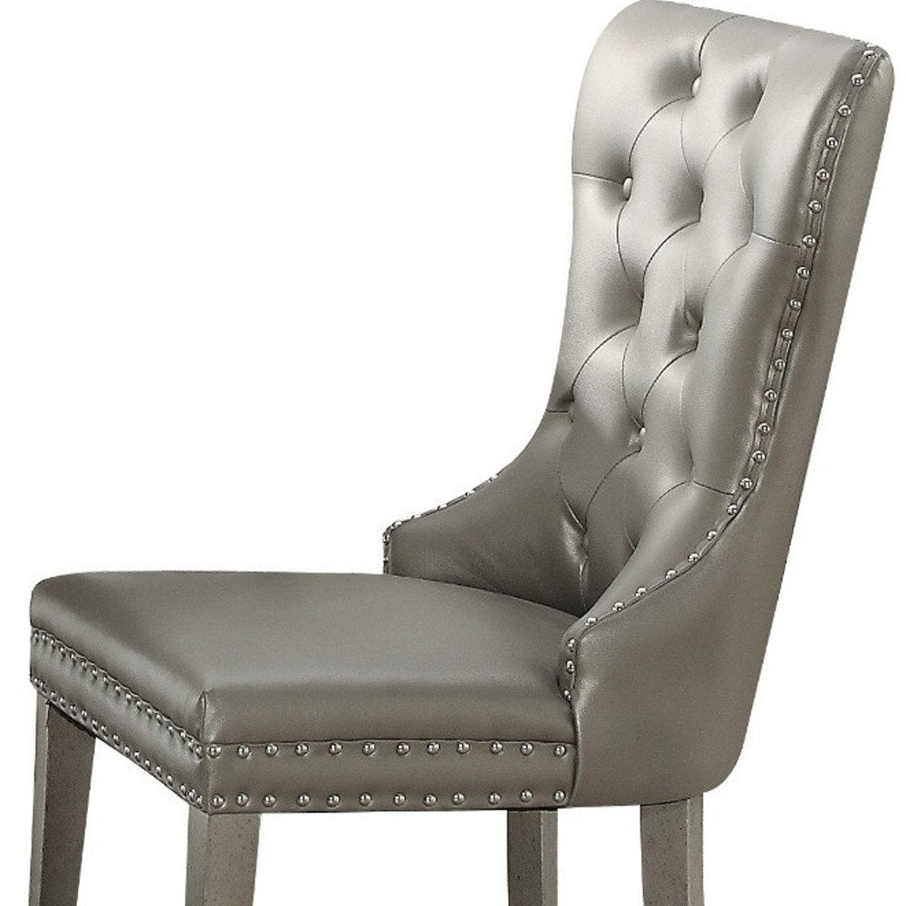 Set of Two Champagne Tufted Faux Leather And Solid Wood Wing Back Dining Side Chairs