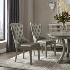 Set of Two Champagne Tufted Faux Leather And Solid Wood Wing Back Dining Side Chairs