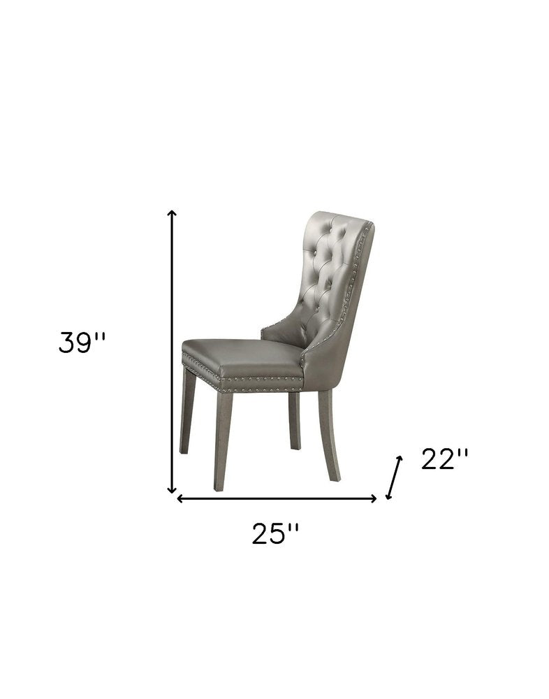 Set of Two Champagne Tufted Faux Leather And Solid Wood Wing Back Dining Side Chairs