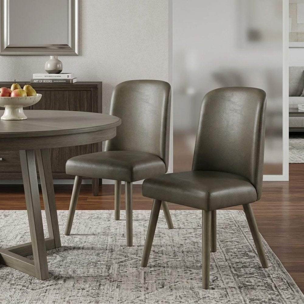 Set of Two Gray Faux Leather And Solid Wood Dining Side Chairs