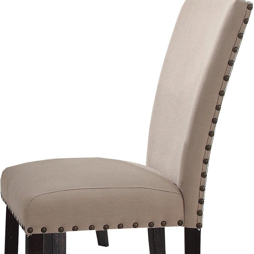 Set of Two Taupe And Dark Brown Linen And Solid Wood Dining Side Chairs
