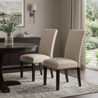 Set of Two Taupe And Dark Brown Linen And Solid Wood Dining Side Chairs