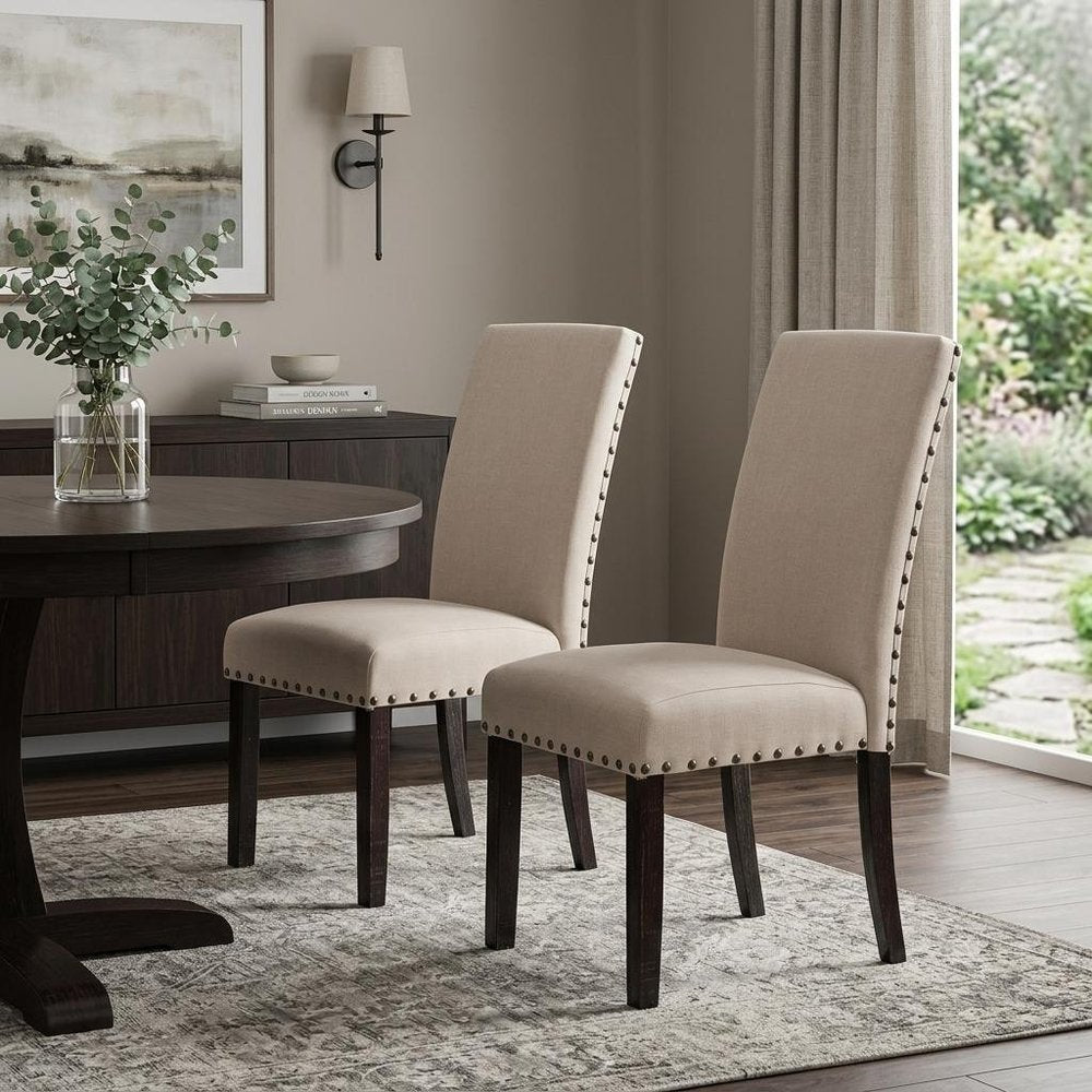 Set of Two Taupe And Dark Brown Linen And Solid Wood Dining Side Chairs