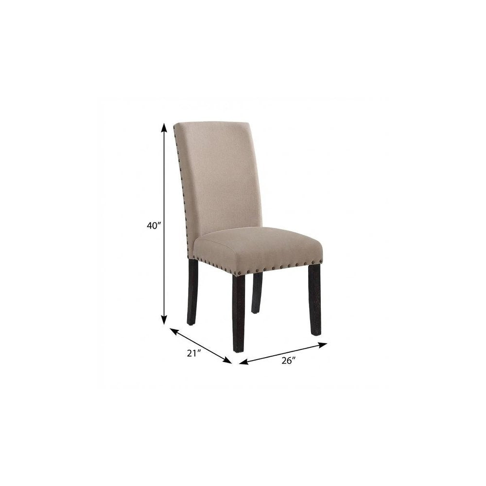 Set of Two Taupe And Dark Brown Linen And Solid Wood Dining Side Chairs