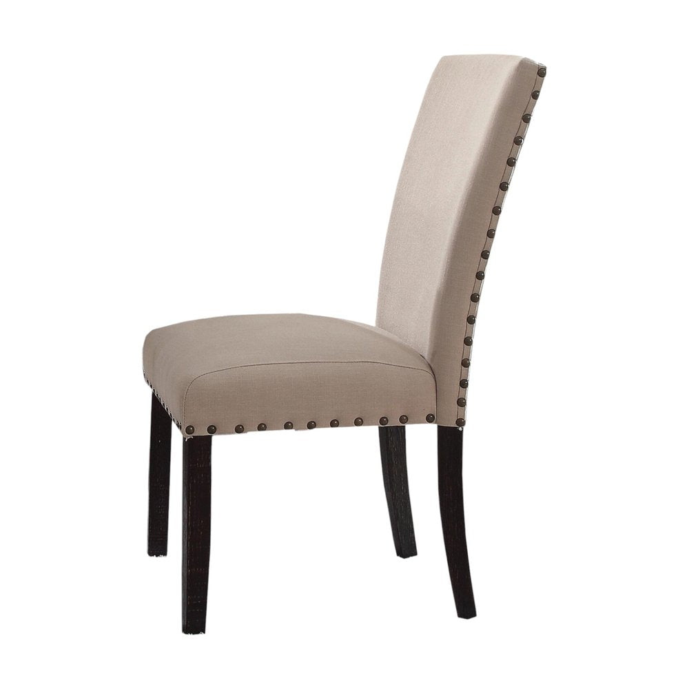 Set of Two Taupe And Dark Brown Linen And Solid Wood Dining Side Chairs