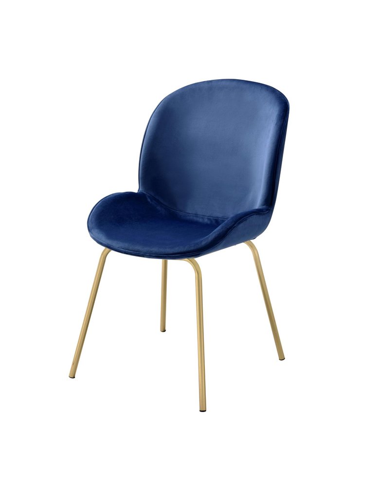Set of Two Blue And Gold Velvet And Metal Dining Side Chairs