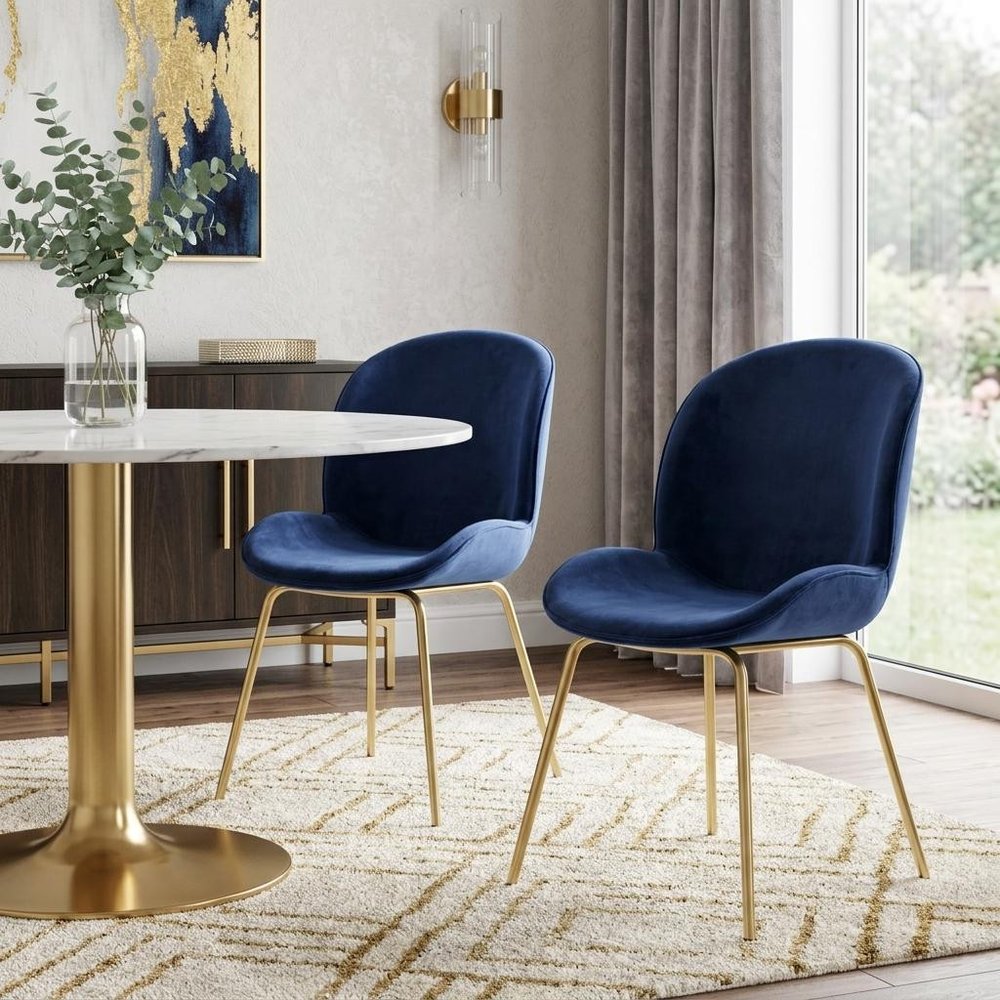Set of Two Blue And Gold Velvet And Metal Dining Side Chairs