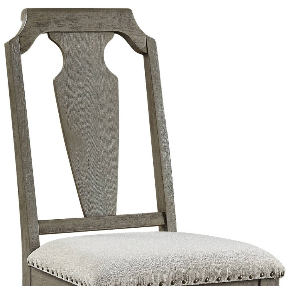Set of Two Beige And Oak Linen And Solid Wood Open Back Dining Side Chairs