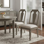 Set of Two Beige And Oak Linen And Solid Wood Open Back Dining Side Chairs