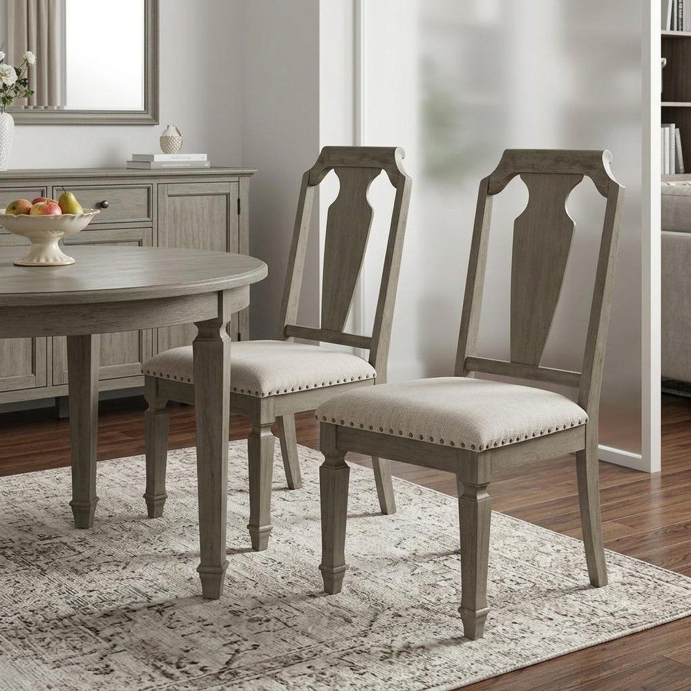 Set of Two Beige And Oak Linen And Solid Wood Open Back Dining Side Chairs