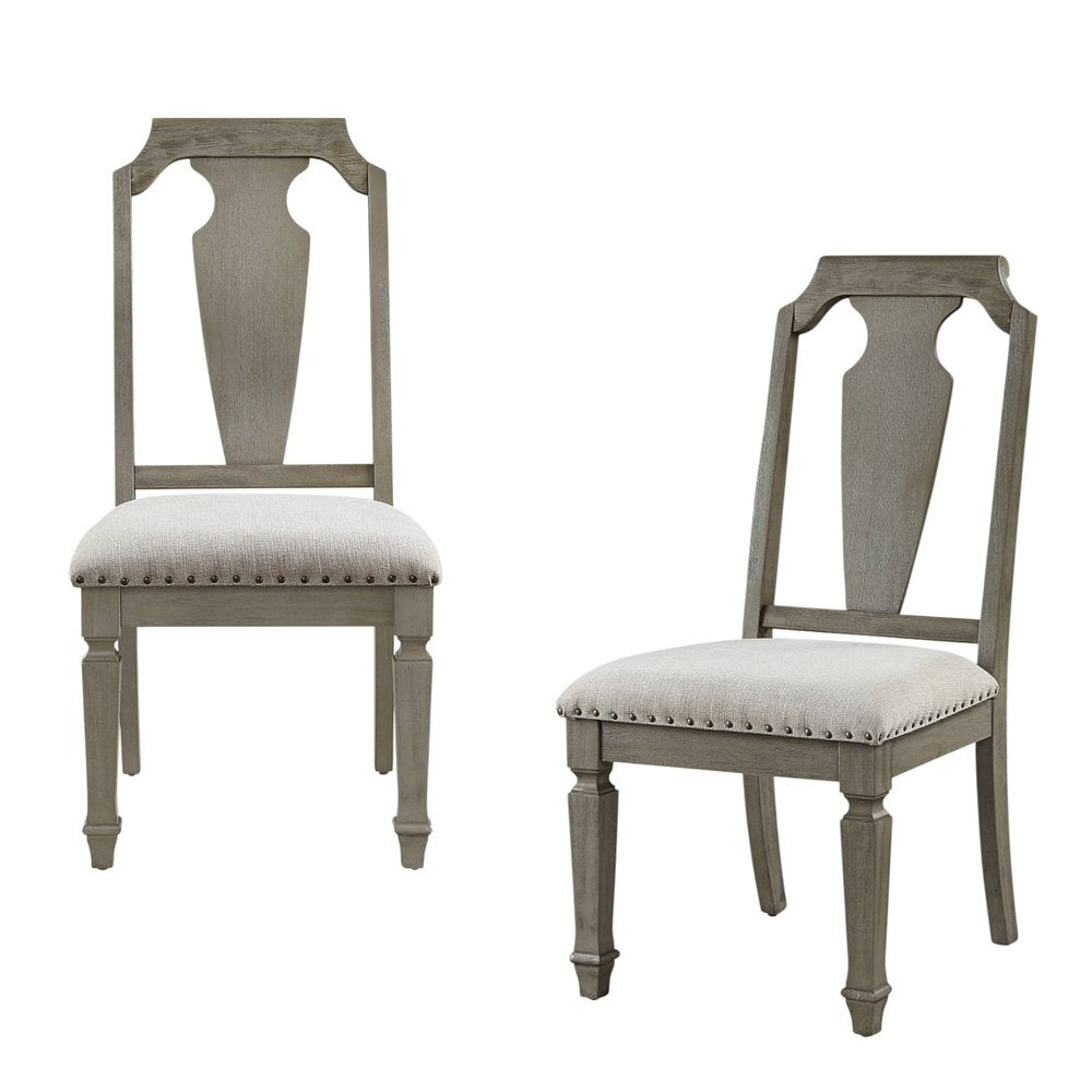 Set of Two Beige And Oak Linen And Solid Wood Open Back Dining Side Chairs
