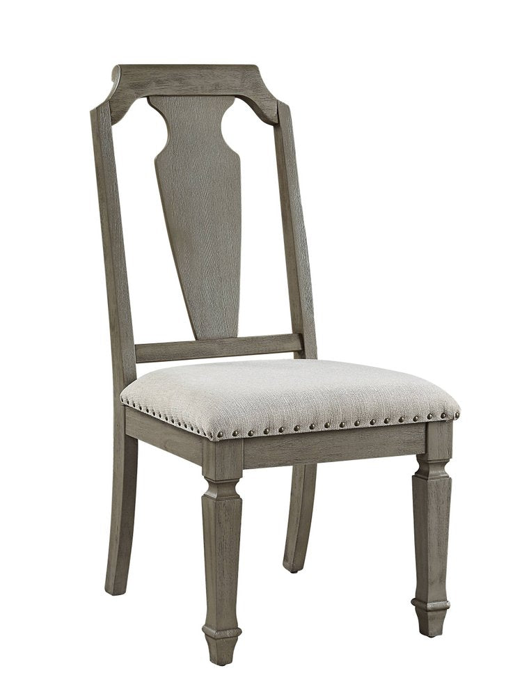 Set of Two Beige And Oak Linen And Solid Wood Open Back Dining Side Chairs
