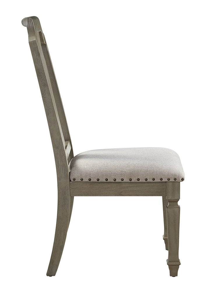 Set of Two Beige And Oak Linen And Solid Wood Open Back Dining Side Chairs