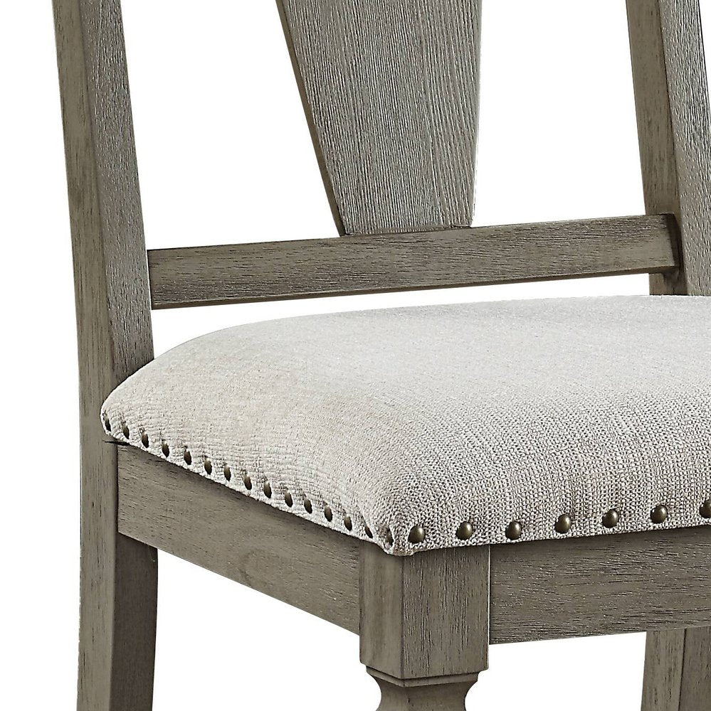 Set of Two Beige And Oak Linen And Solid Wood Open Back Dining Side Chairs