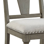Set of Two Beige And Oak Linen And Solid Wood Open Back Dining Side Chairs
