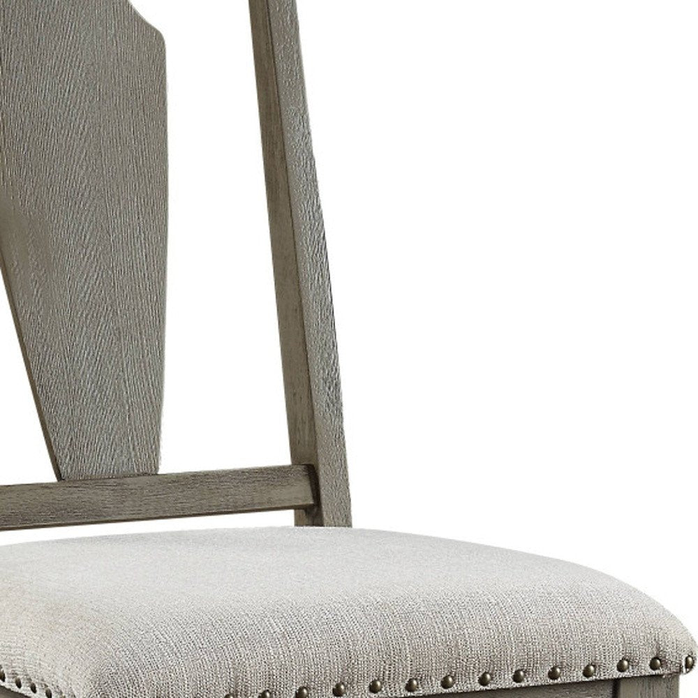 Set of Two Beige And Oak Linen And Solid Wood Open Back Dining Side Chairs