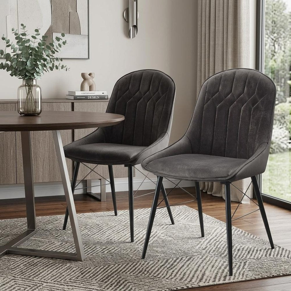 Set of Two Gray And Black Tufted Fabric And Wood Dining Side Chairs