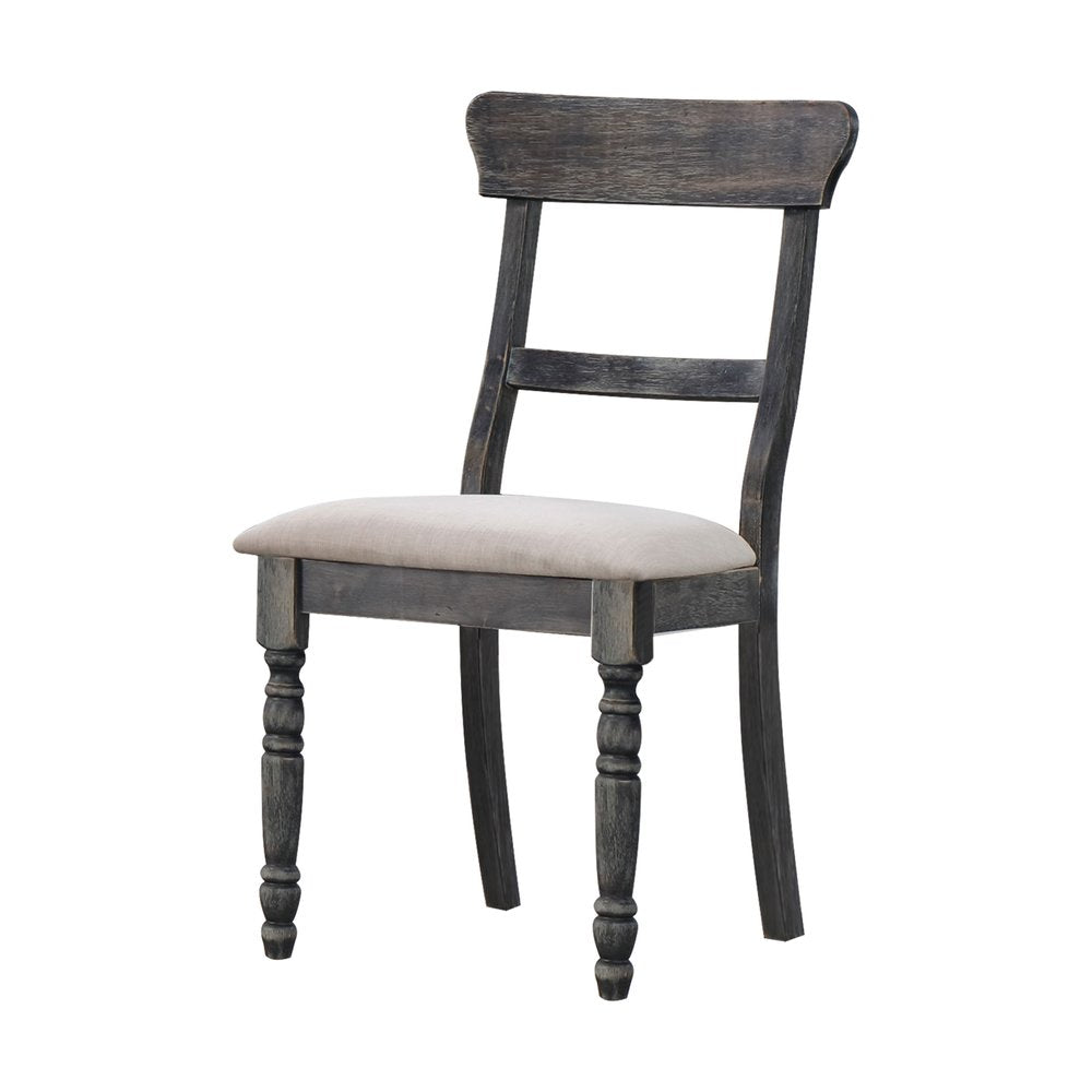 Set of Two Light Brown And Gray Linen And Wood Ladder Back Dining Side Chairs