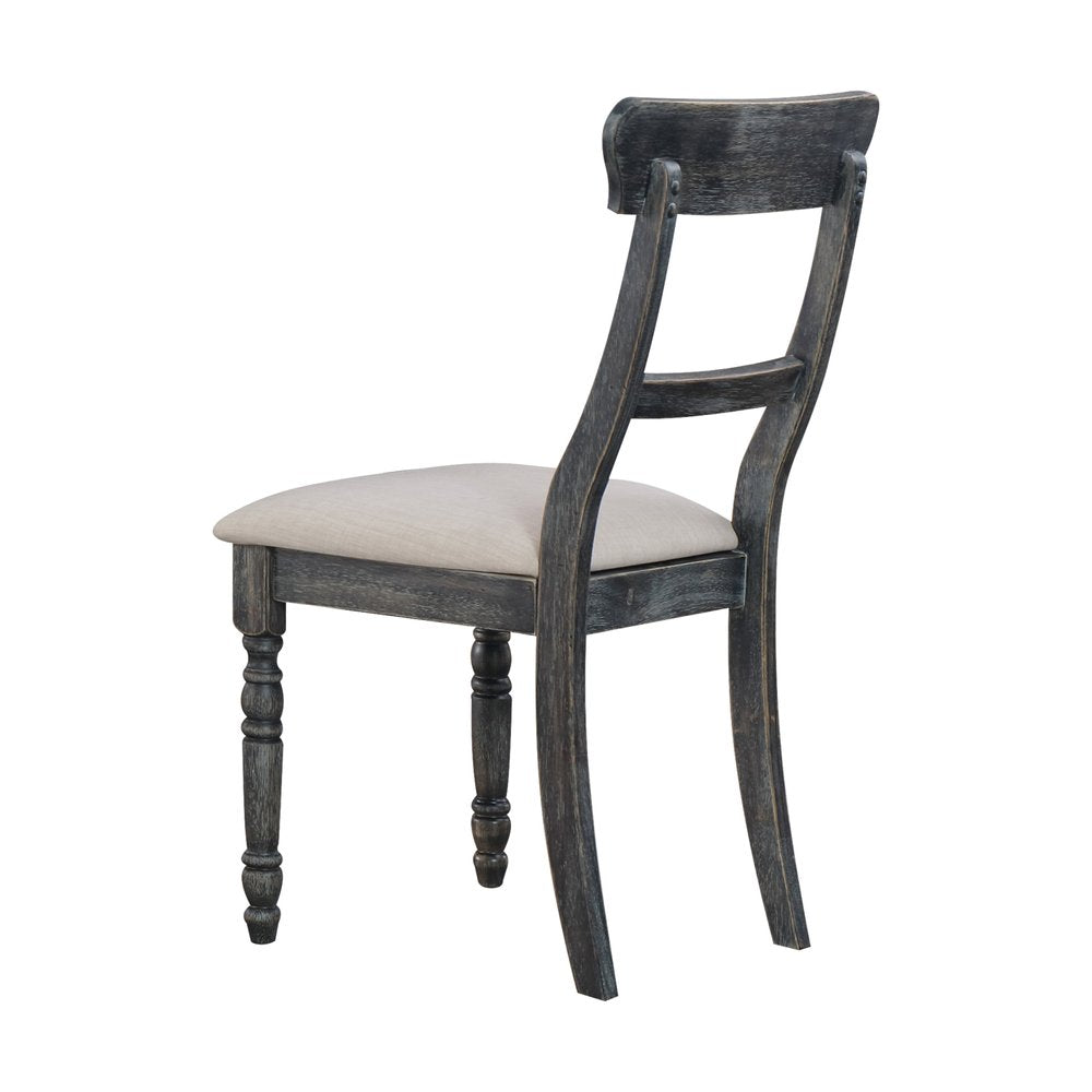 Set of Two Light Brown And Gray Linen And Wood Ladder Back Dining Side Chairs