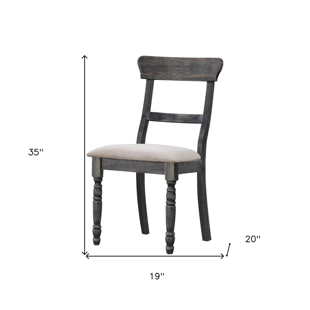 Set of Two Light Brown And Gray Linen And Wood Ladder Back Dining Side Chairs