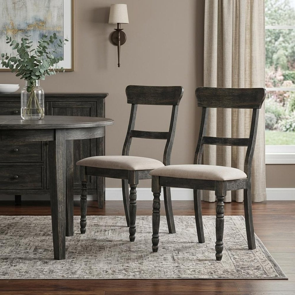 Set of Two Light Brown And Gray Linen And Wood Ladder Back Dining Side Chairs