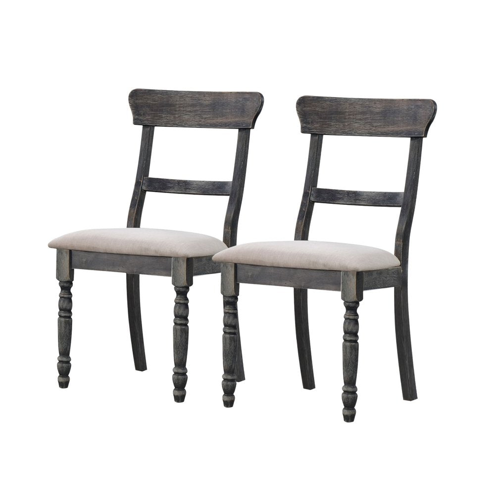 Set of Two Light Brown And Gray Linen And Wood Ladder Back Dining Side Chairs