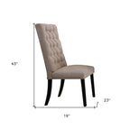 Set of Two Tan And Black Tufted Linen And Solid Wood Dining Side Chairs