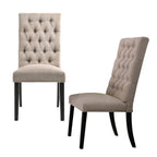 Set of Two Tan And Black Tufted Linen And Solid Wood Dining Side Chairs