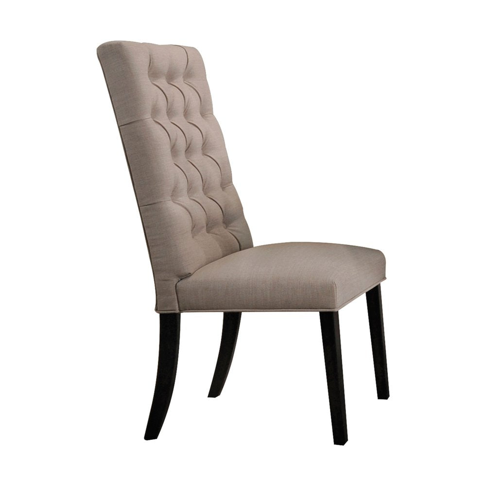 Set of Two Tan And Black Tufted Linen And Solid Wood Dining Side Chairs