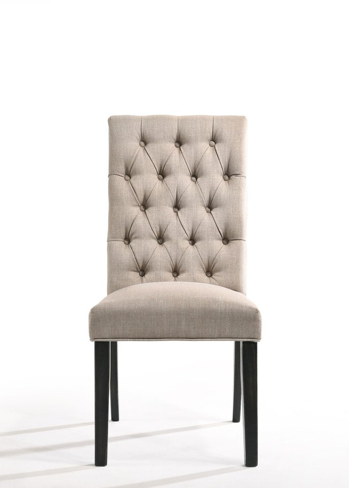 Set of Two Tan And Black Tufted Linen And Solid Wood Dining Side Chairs