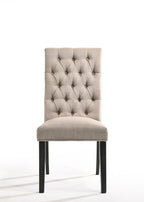 Set of Two Tan And Black Tufted Linen And Solid Wood Dining Side Chairs