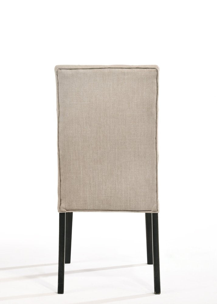 Set of Two Tan And Black Tufted Linen And Solid Wood Dining Side Chairs