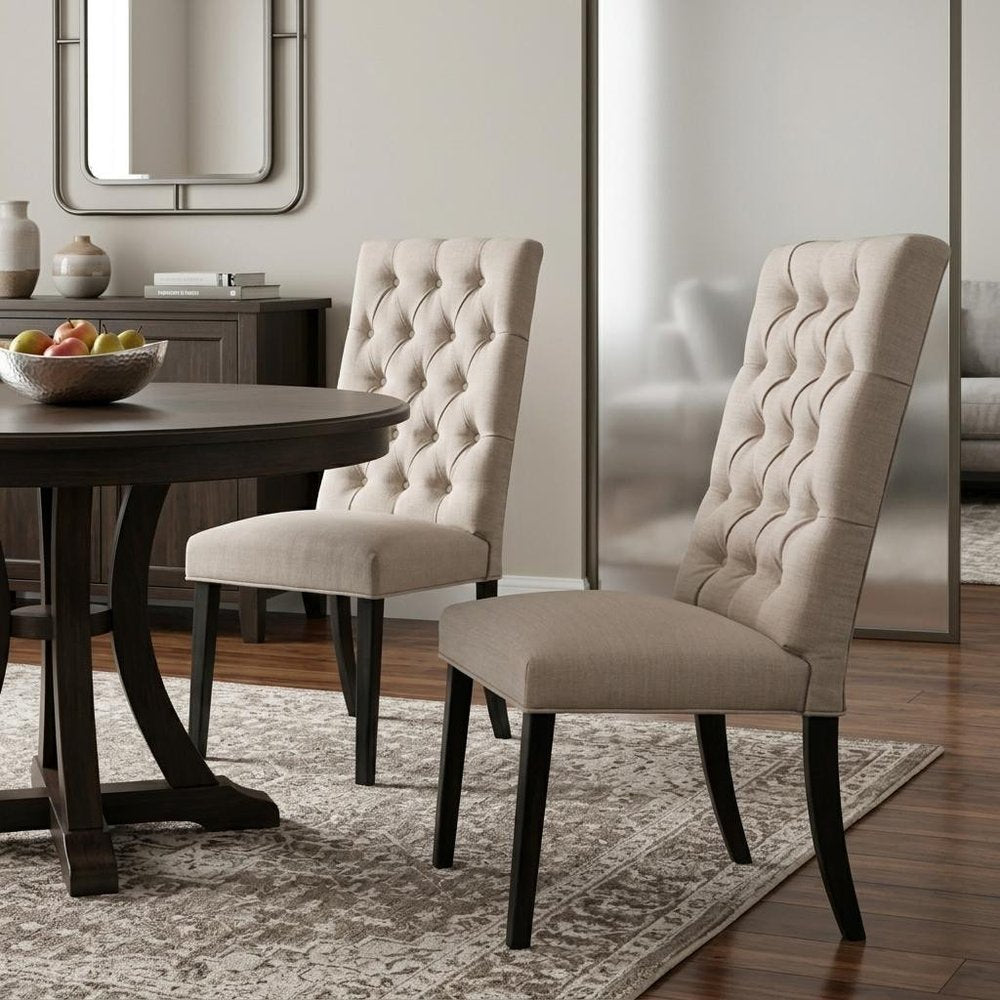 Set of Two Tan And Black Tufted Linen And Solid Wood Dining Side Chairs