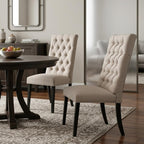 Set of Two Tan And Black Tufted Linen And Solid Wood Dining Side Chairs