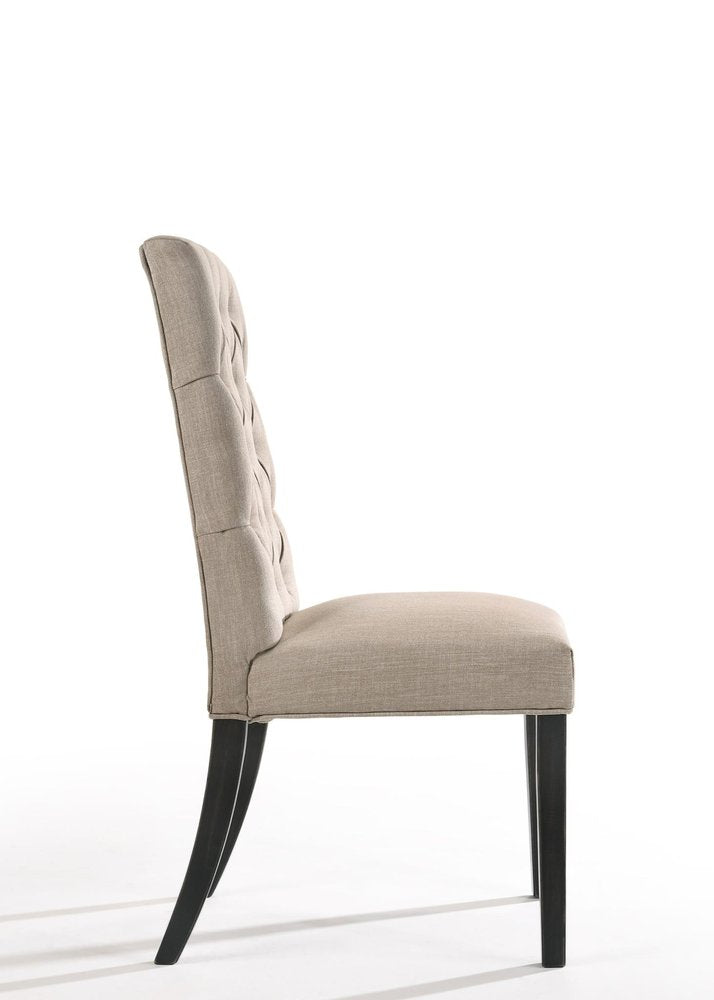 Set of Two Tan And Black Tufted Linen And Solid Wood Dining Side Chairs