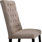 Set of Two Tan And Black Tufted Linen And Solid Wood Dining Side Chairs