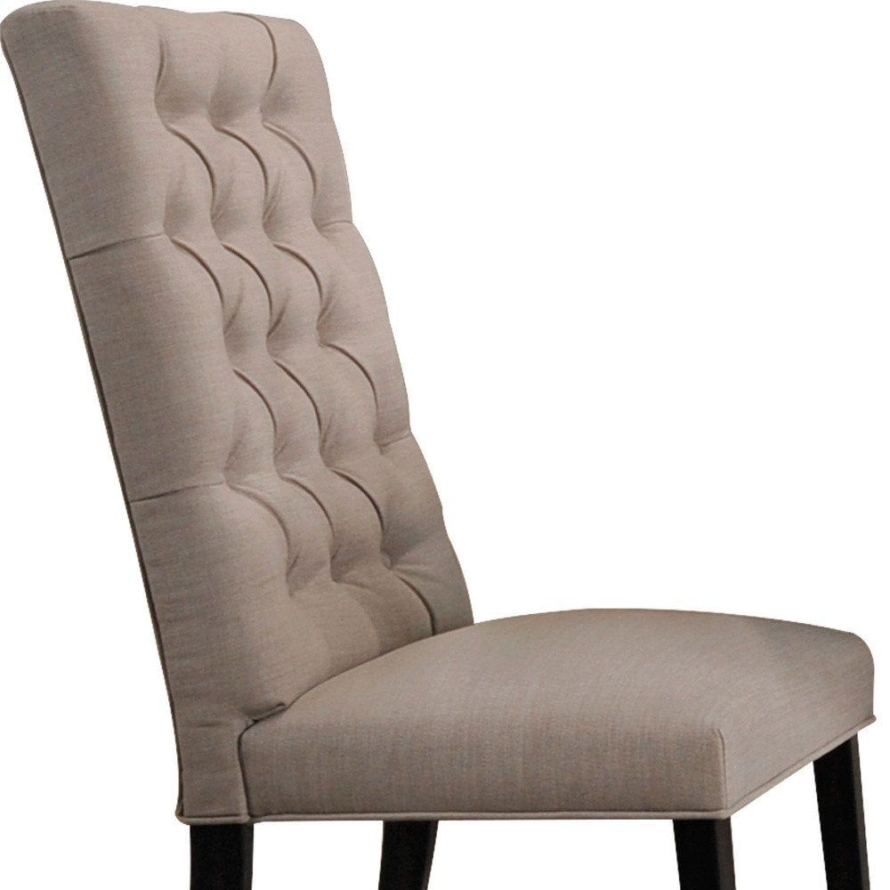 Set of Two Tan And Black Tufted Linen And Solid Wood Dining Side Chairs