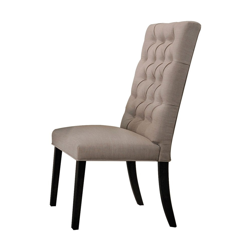 Set of Two Tan And Black Tufted Linen And Solid Wood Dining Side Chairs