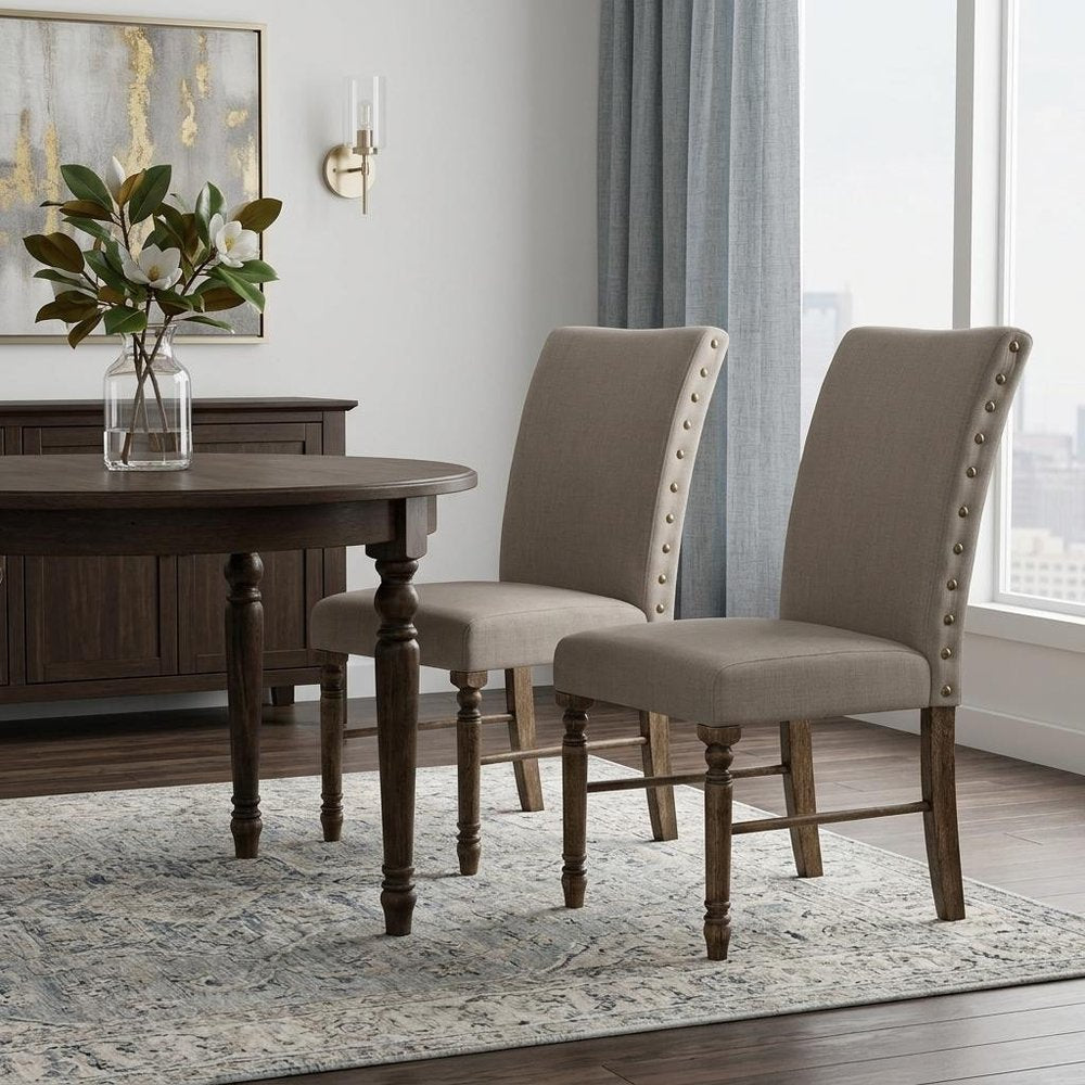 Set of Two Cream And Oak Linen And Wood Dining Side Chairs